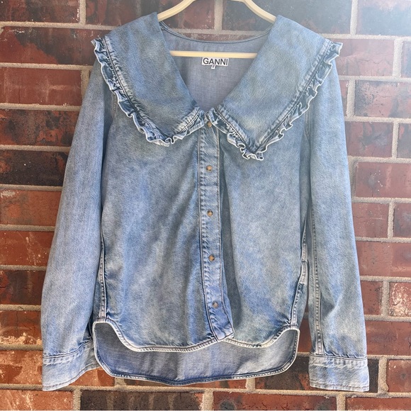 Ganni Tops - Ganni Ruffled-Collar Stonewashed Denim Shirt